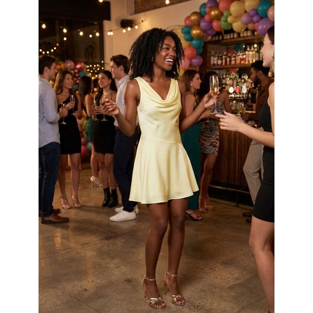 French Connection Oona Asymmetric Cornsilk Yellow Satin Cowl Neck Mini Dress 8